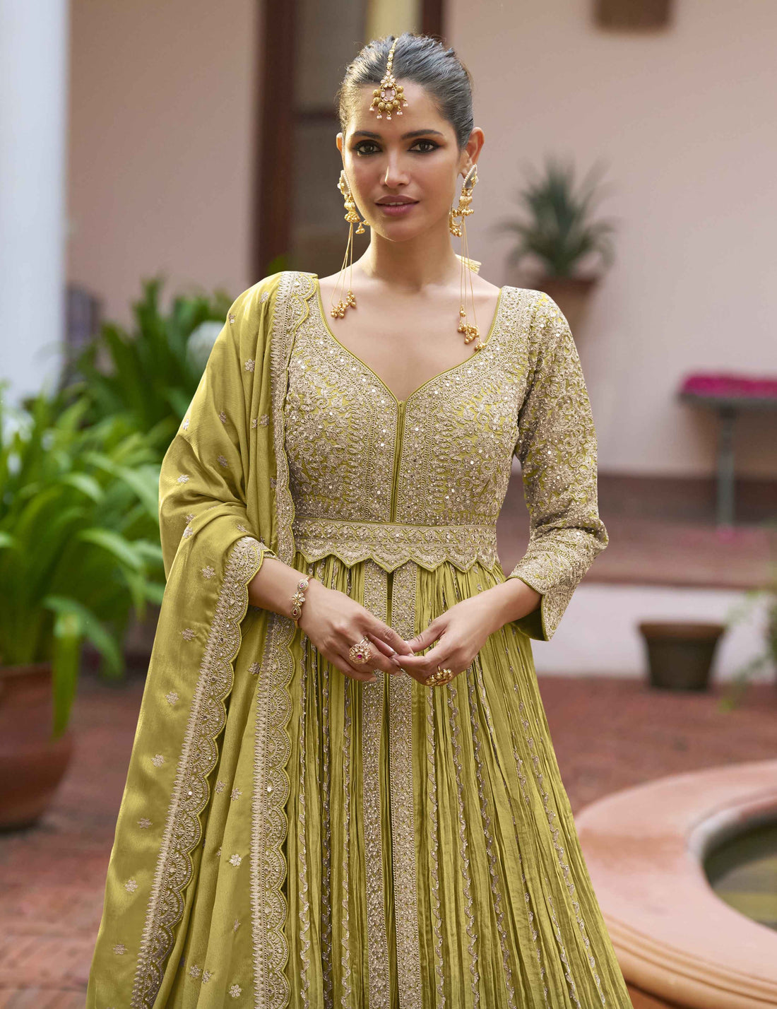 Olive Green Heavy Embroidered Chinon Anarkali Gown With Dupatta