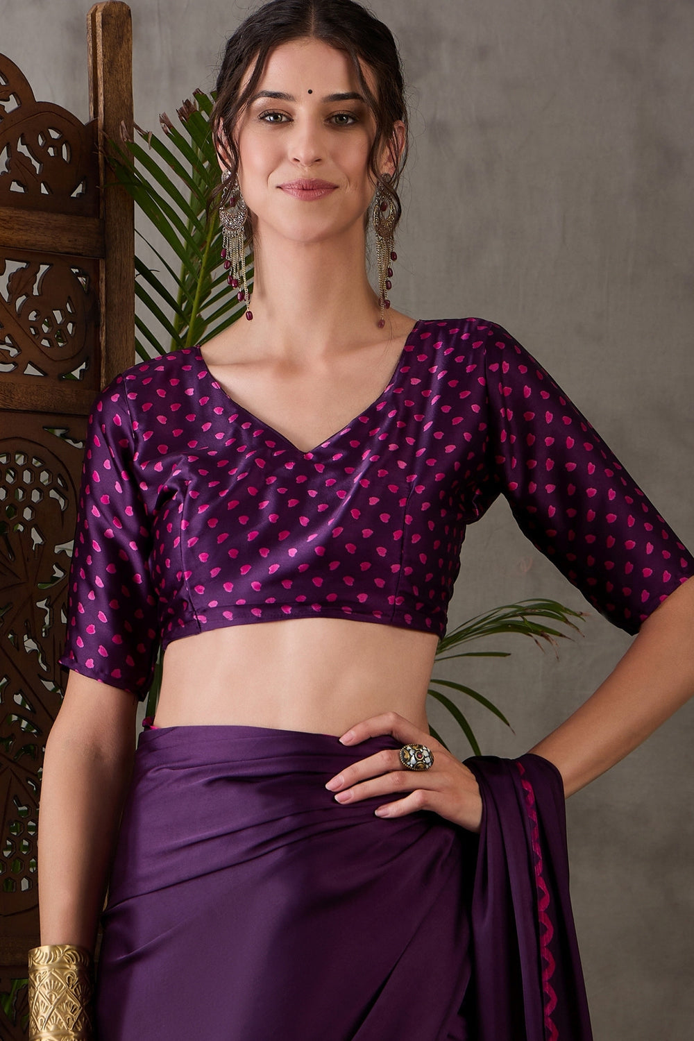 Purple Pure Gaji Silk Satin Printed Saree