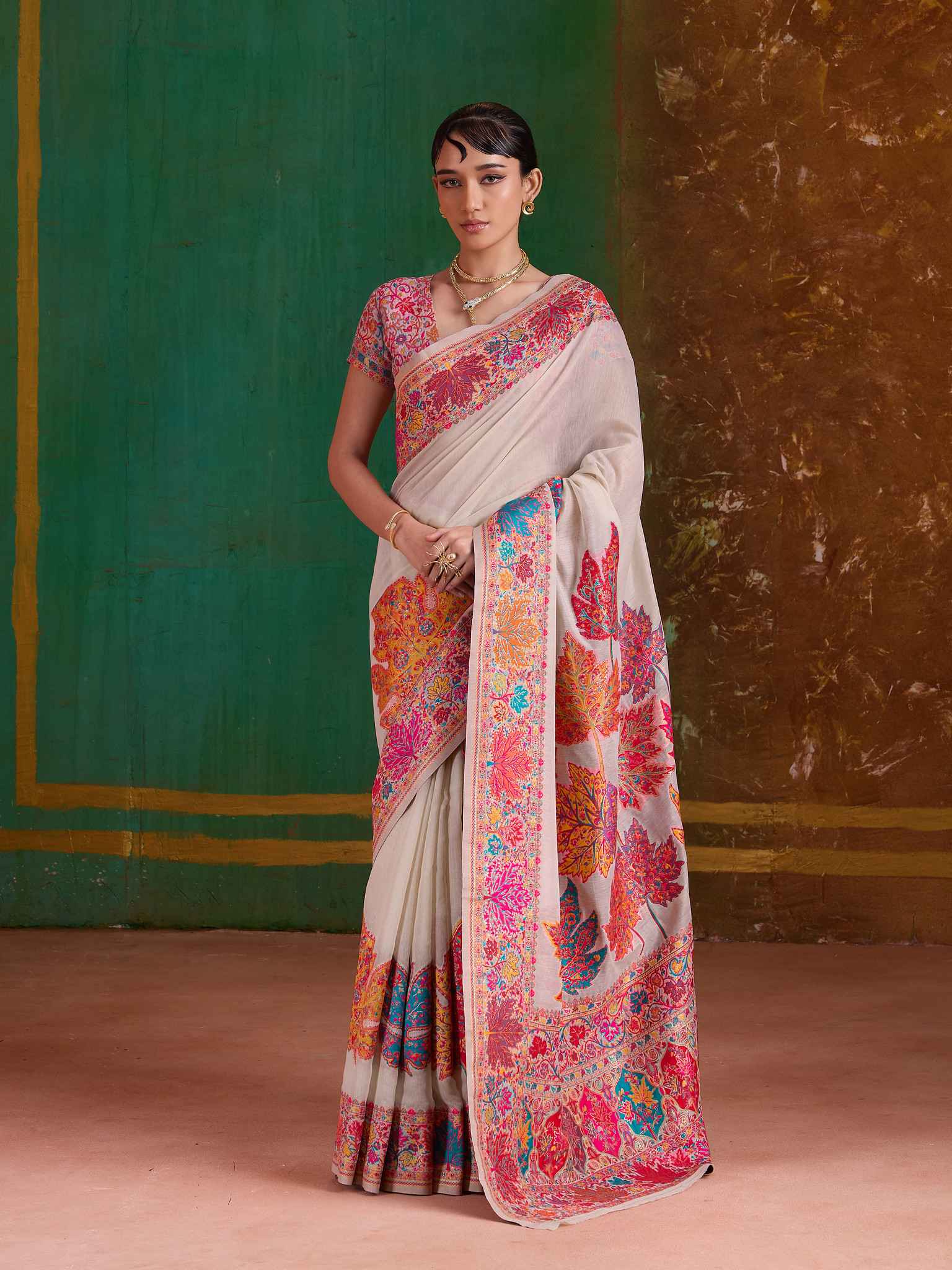 Off White Pure Kashmiri Modal Cotton Pashmina Weaving Saree Kashmiri Pashmina Saree Anant Tex Exports Pvt.Ltd..
