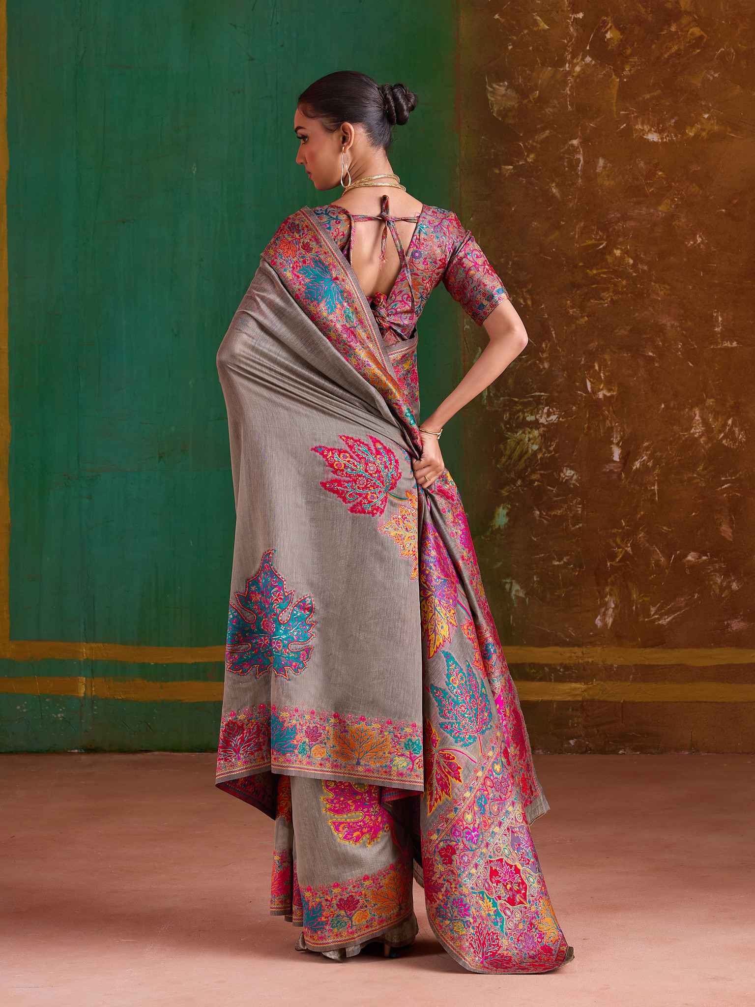 Beige Pure Kashmiri Modal Cotton Pashmina Weaving Saree Kashmiri Pashmina Saree Anant Tex Exports Pvt.Ltd..