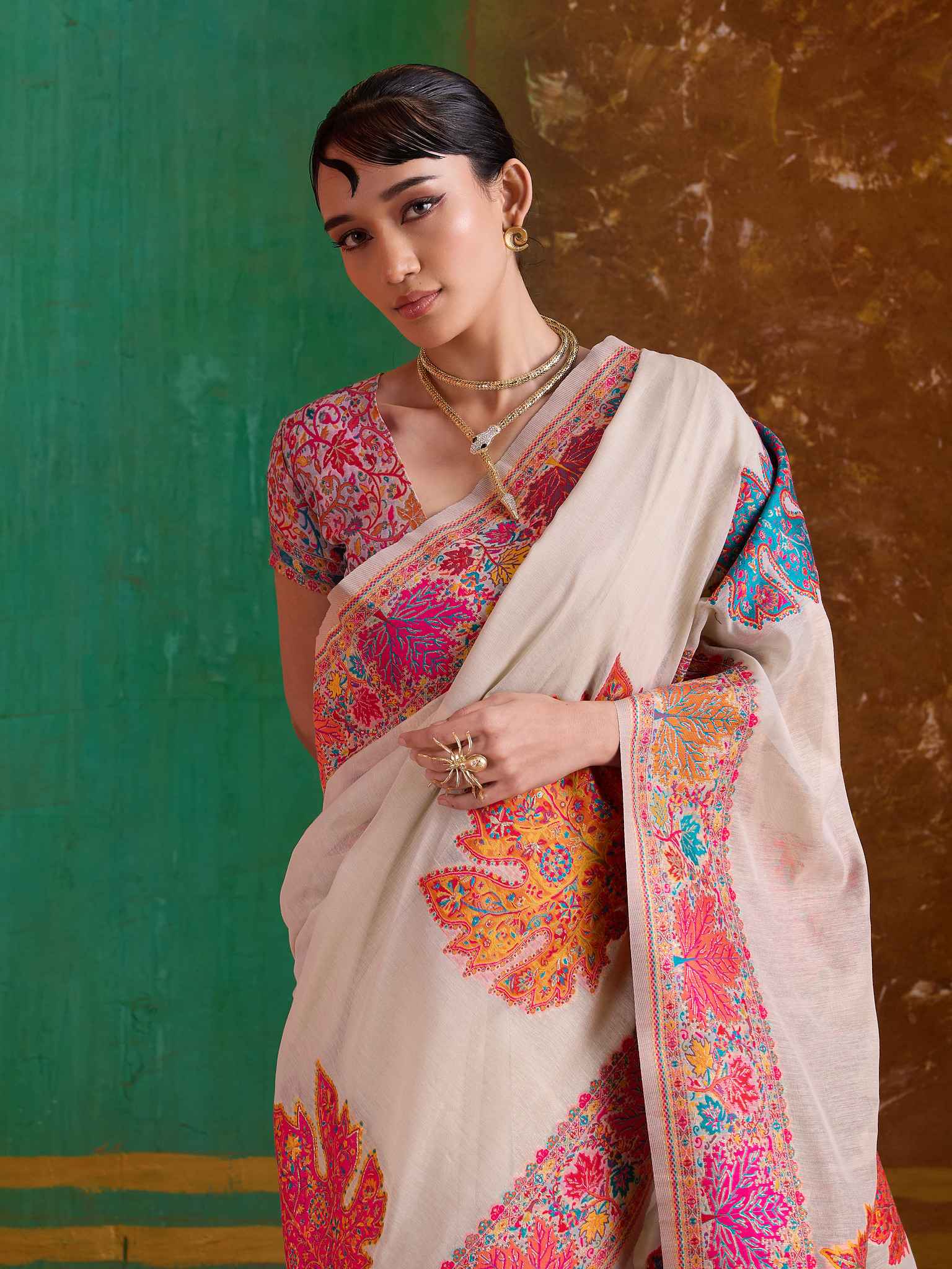 Off White Pure Kashmiri Modal Cotton Pashmina Weaving Saree Kashmiri Pashmina Saree Anant Tex Exports Pvt.Ltd..