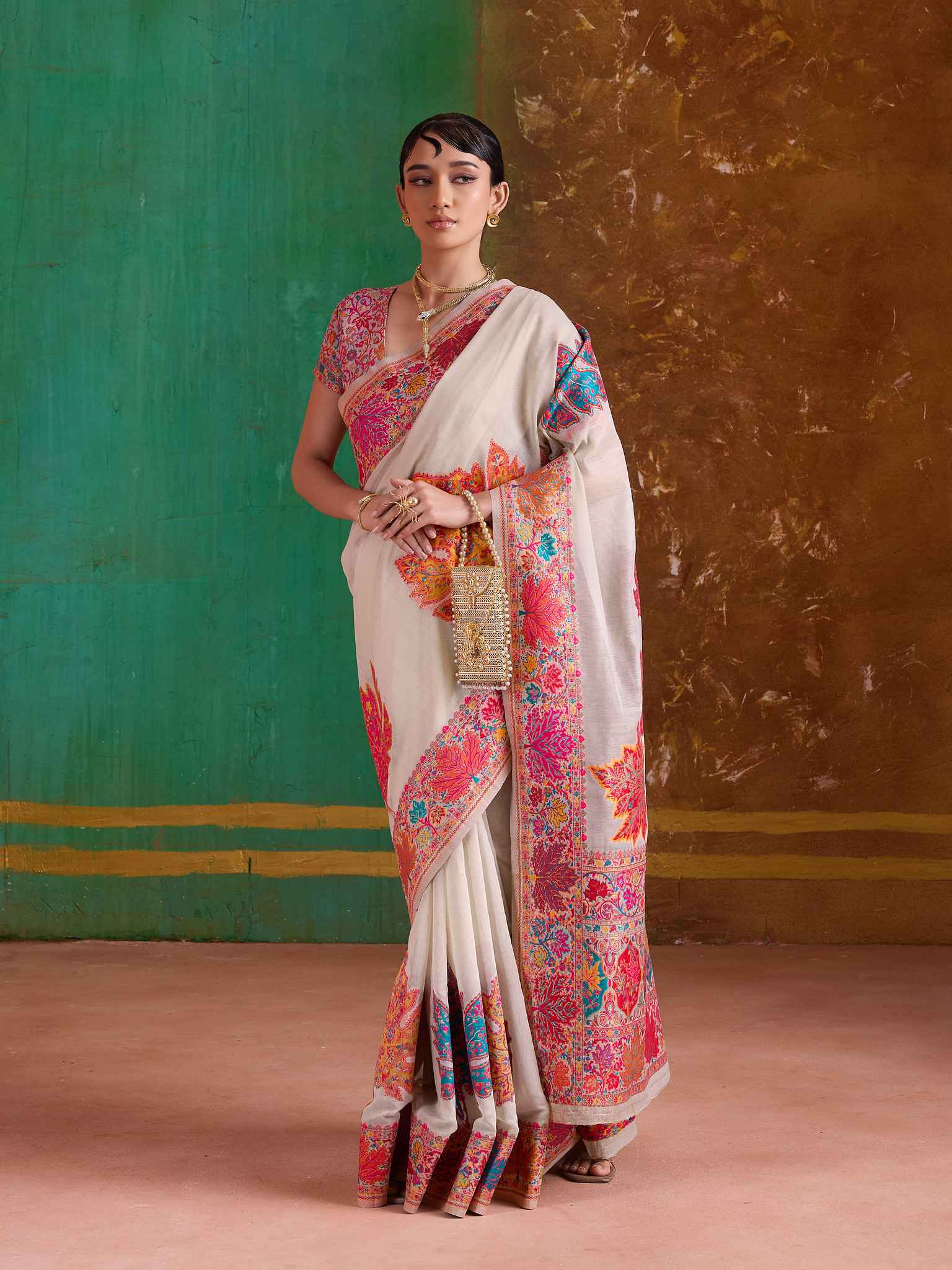 Off White Pure Kashmiri Modal Cotton Pashmina Weaving Saree Kashmiri Pashmina Saree Anant Tex Exports Pvt.Ltd..