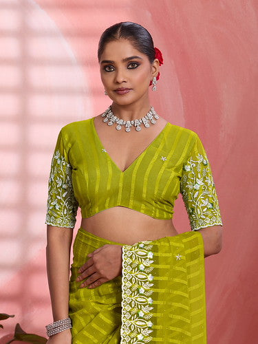 Lemon Yellow Chiffon Embroidered Tikki Work Thread Saree