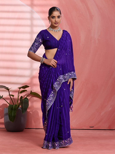 Violet Chiffon Embroidered Tikki Work Thread Saree