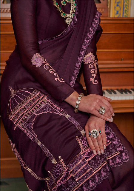 Wine Pure Soft Crape Multi thread Embroidery Work Satin Saree