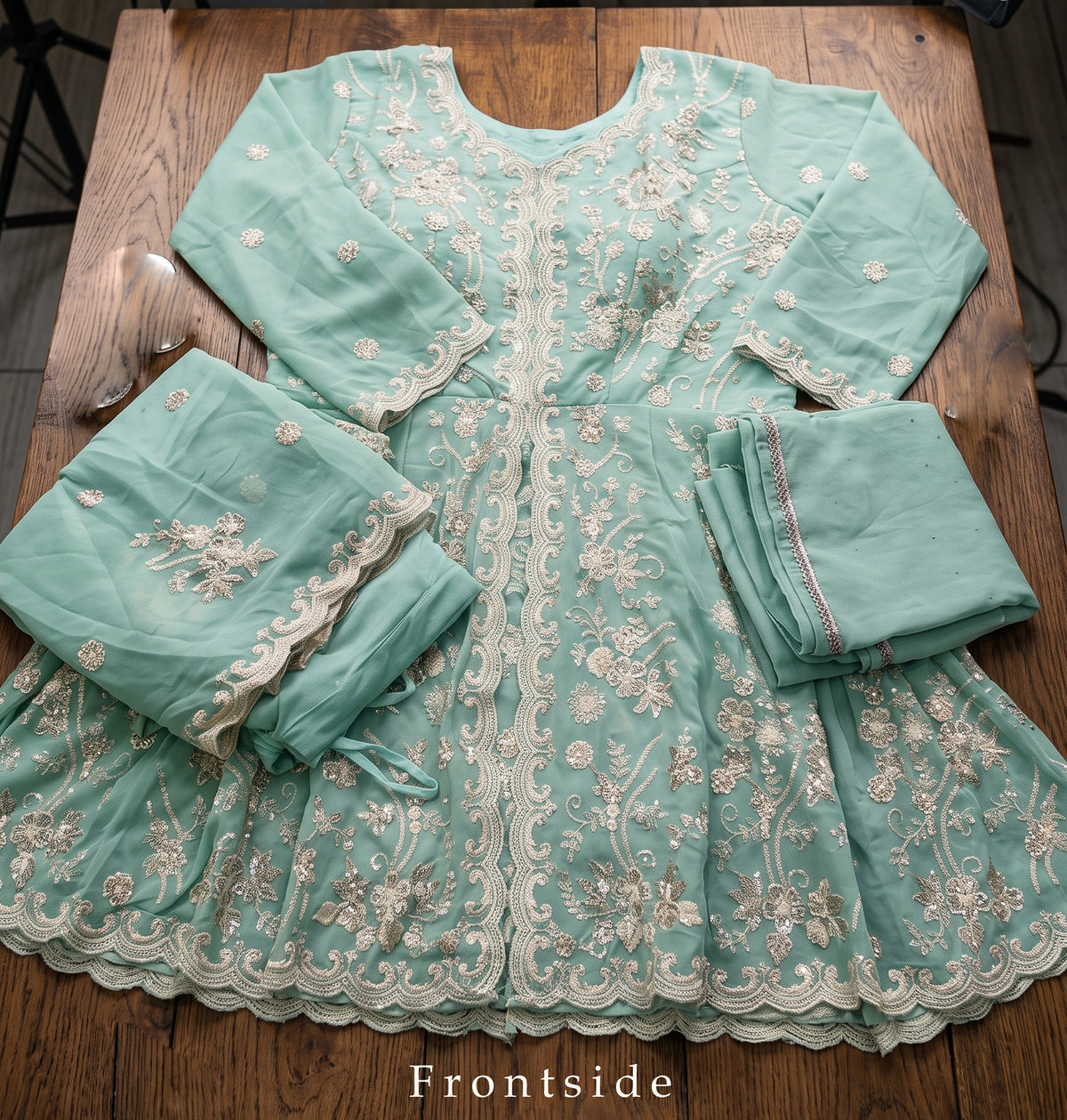 Aqua Blue Embroidered Georgette Sharara Suit with Lace Dupatta