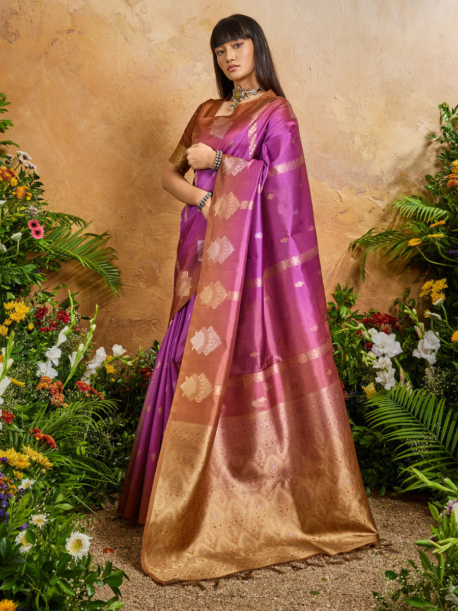 Purple Pure Heavy Handloom Weaving Paper Silk Saree