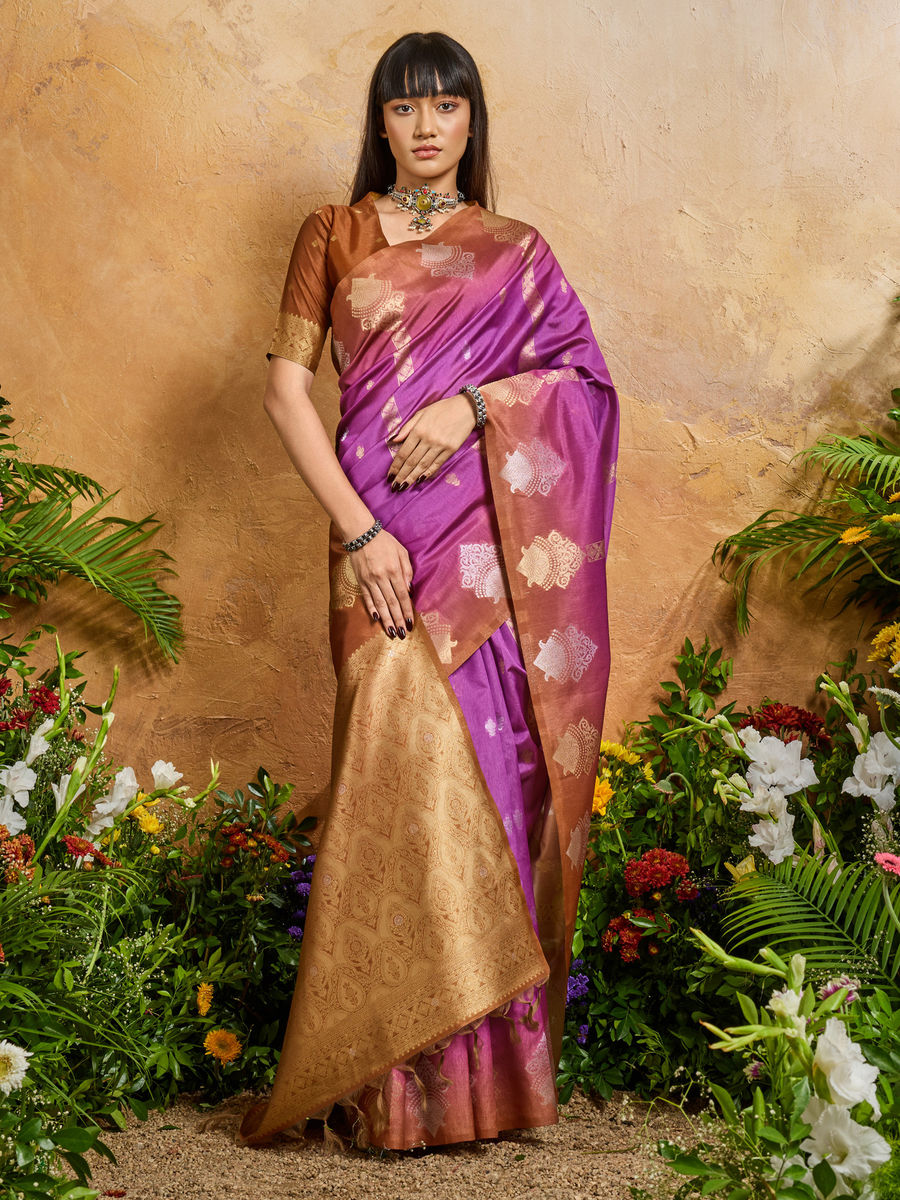 Purple Pure Heavy Handloom Weaving Paper Silk Saree