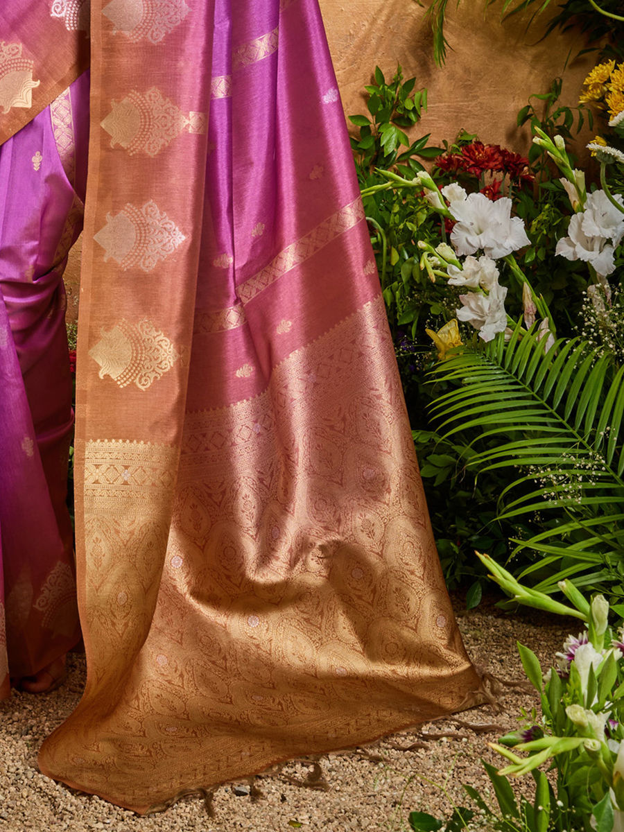 Purple Pure Heavy Handloom Weaving Paper Silk Saree