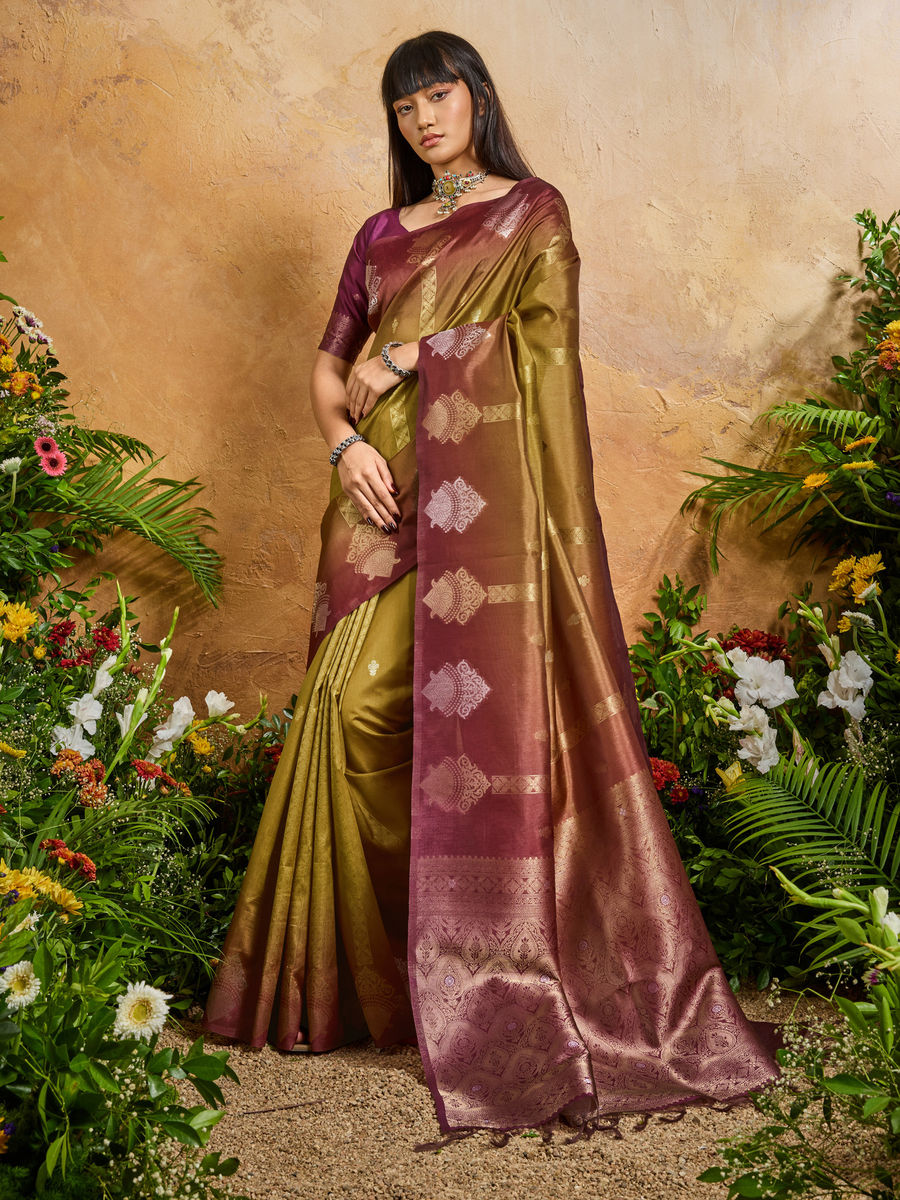 Olive Pure Heavy Handloom Weaving Paper Silk Saree
