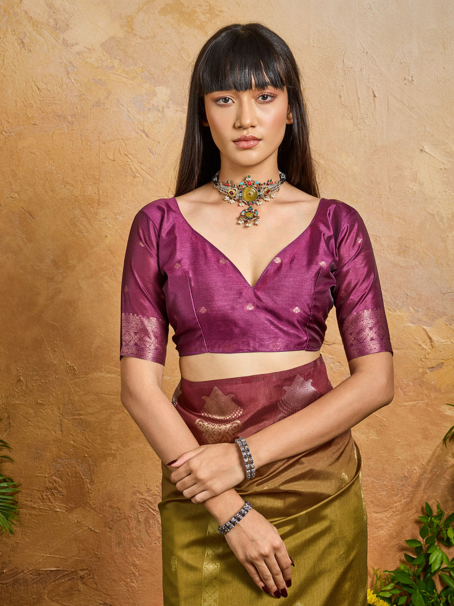 Olive Pure Heavy Handloom Weaving Paper Silk Saree