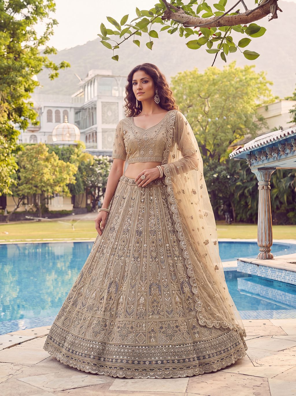 Golden Pure Soft Heavy Net Fancy Embroidery Work Bridal Lehenga Choli