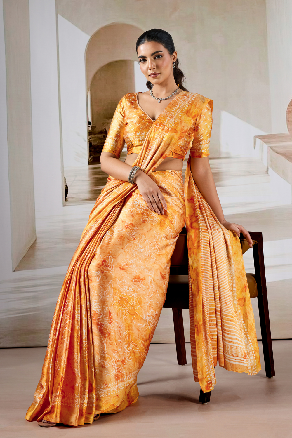 Yellow Modal Satin Hand Prism Print Saree