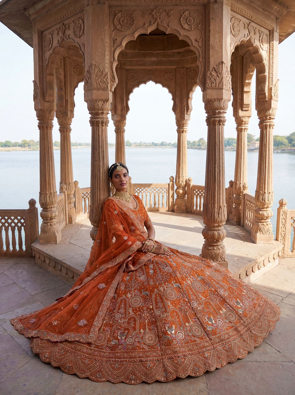 Orange Pure Soft Silk Heavy Embroidery Work Bridal Lehenga