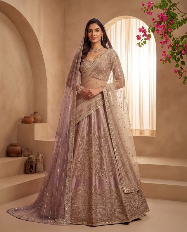Powder Pink Pure Soft Heavy Net Sequins Embroidery Work Bridal Lehenga Choli