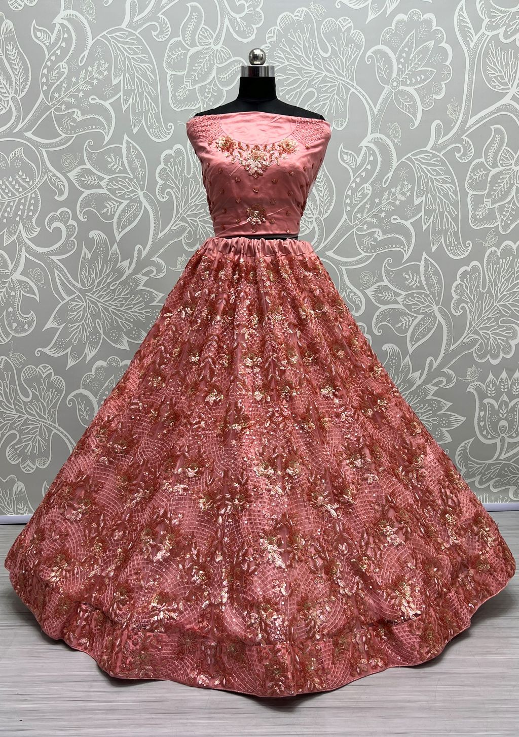 Peach Pink Pure Soft Heavy Net Sequins Embroidery Work Bridal Lehenga
