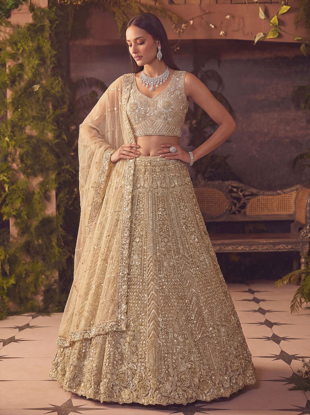 Beige Pure Soft Net Heavy Embroidery Work Bridal Lehenga
