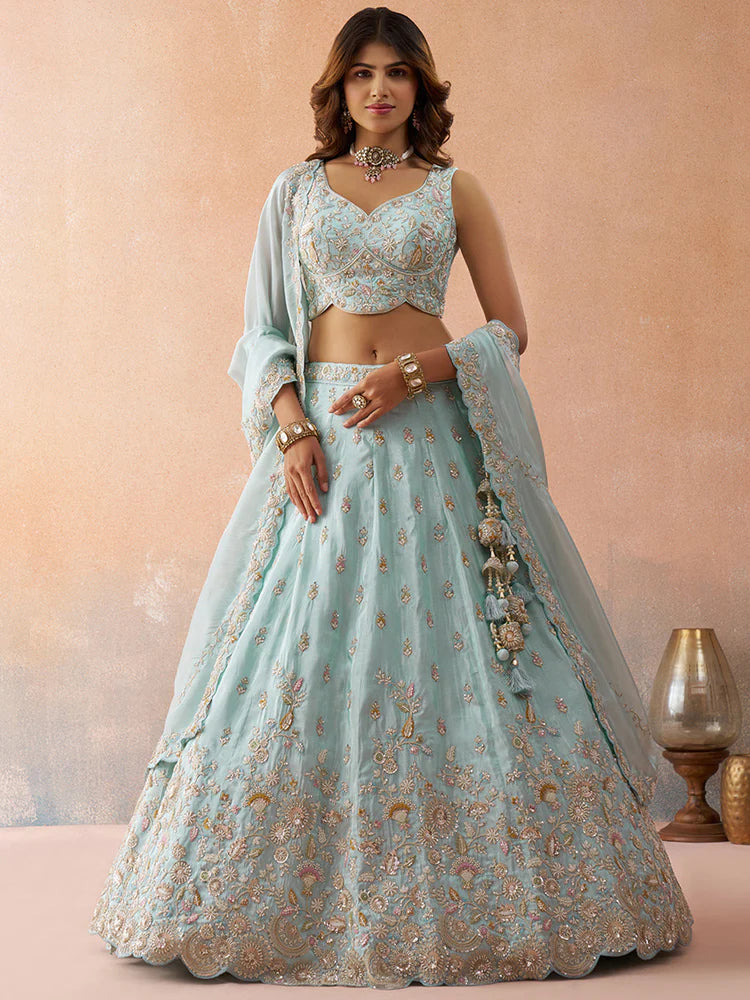 Sky Blue Tissue Silk Sequins Embroidered Lehenga Choli with Dupatta