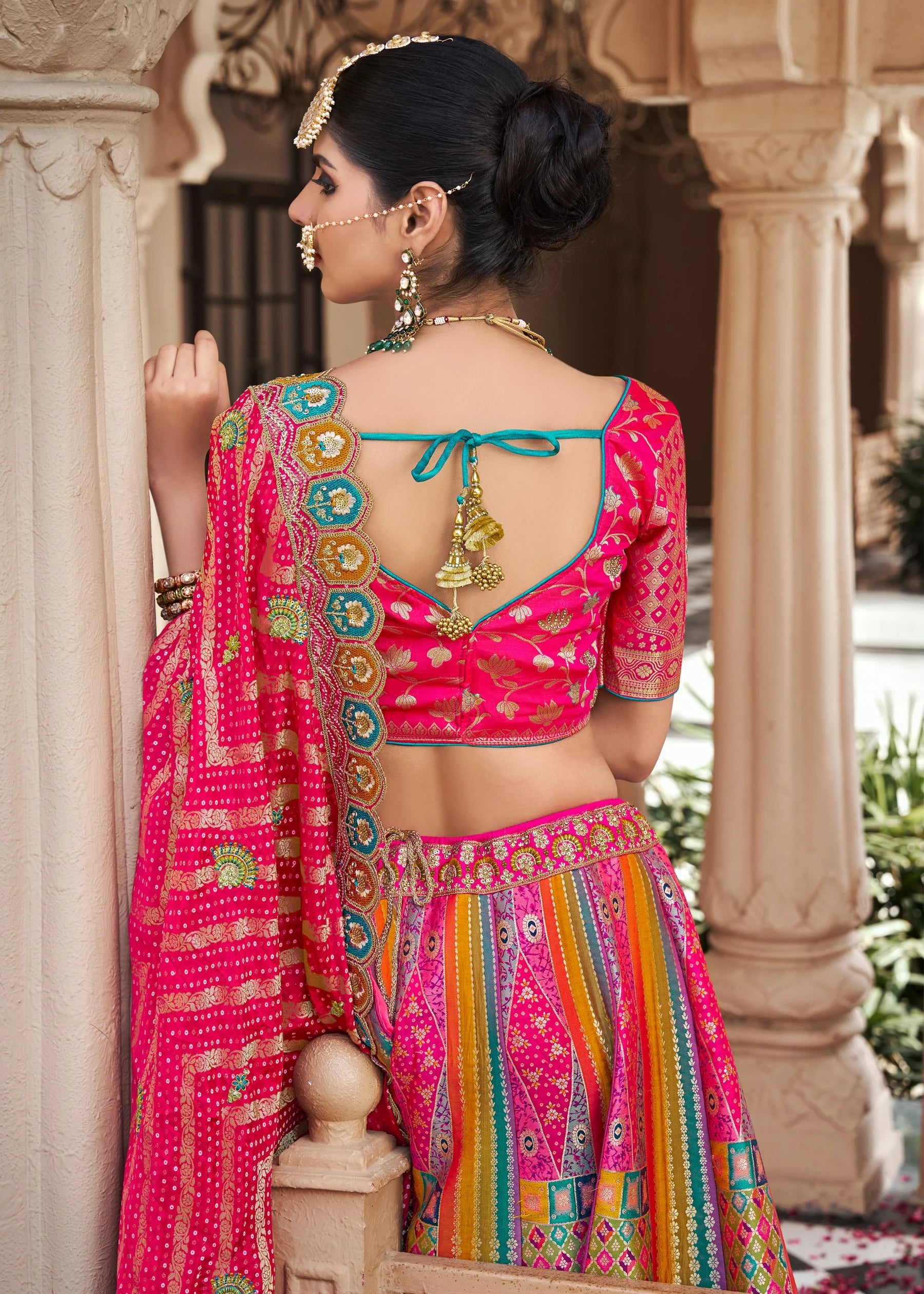 Rani Pink Multicolor Banarasi Silk Lehenga Choli with Zarkan Work