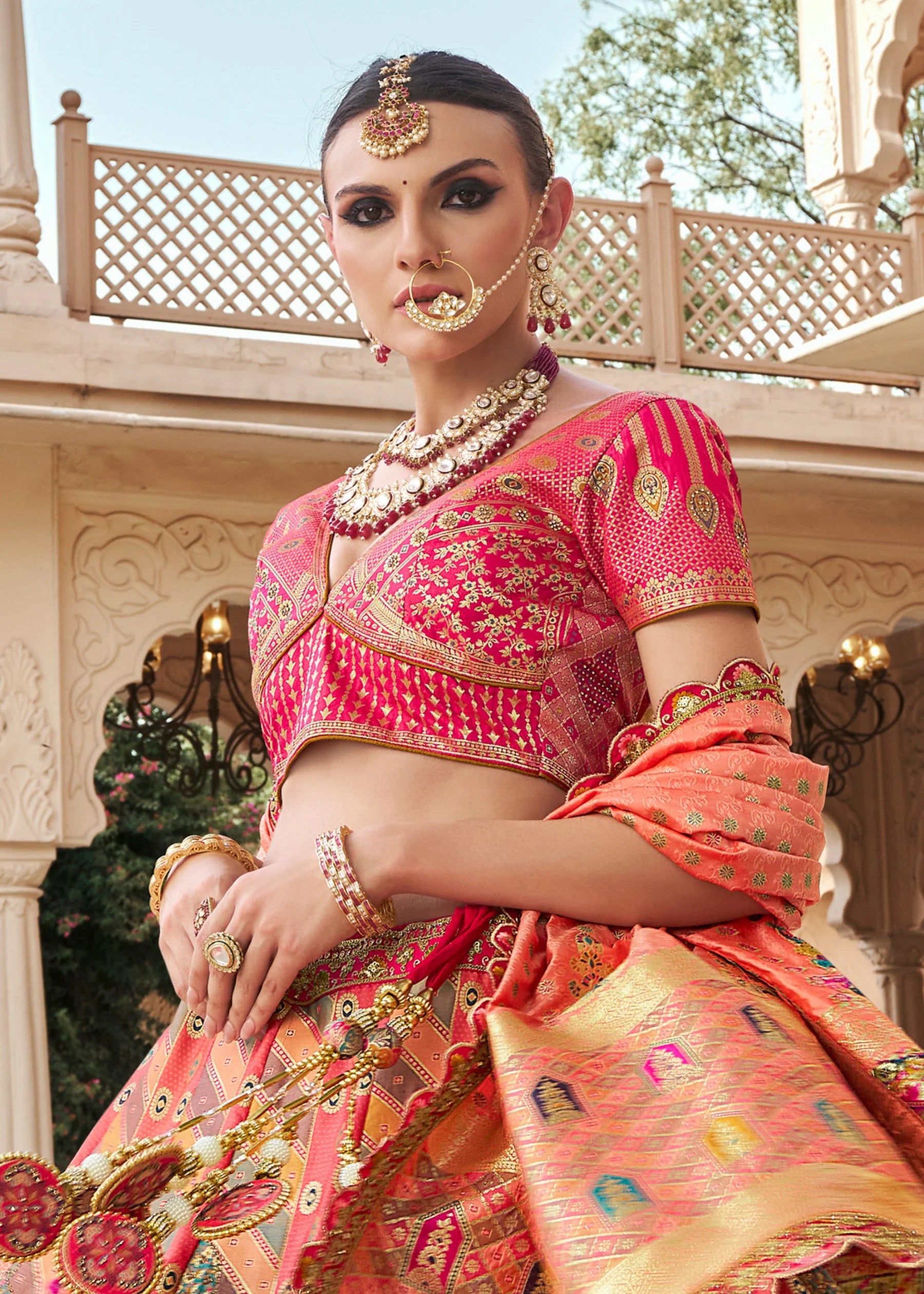 Peach Pink Banarasi Silk Lehenga Choli with Zarkan Work