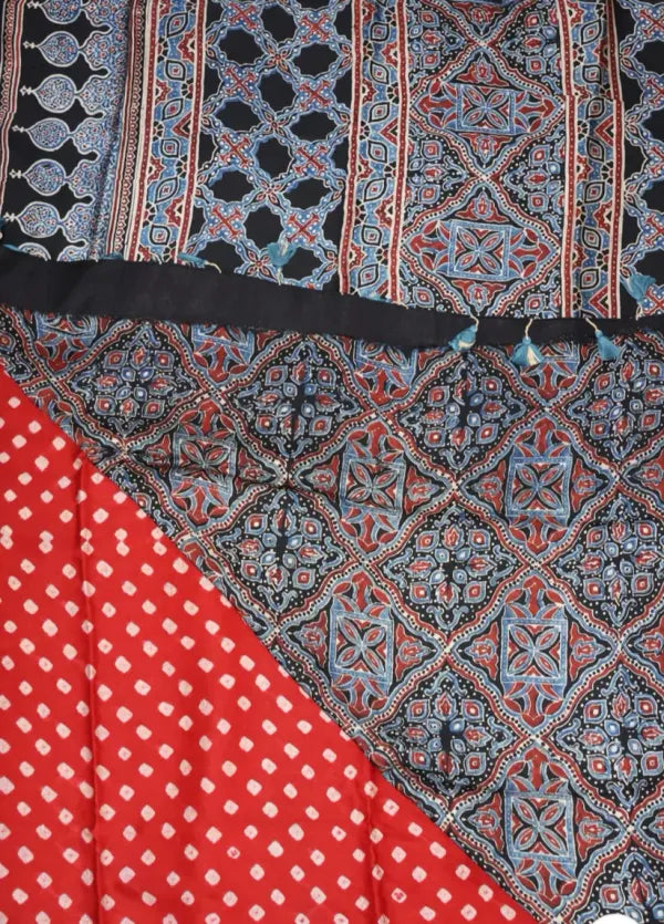 Red Pure Modal Gaji Silk Bandhani Ajrakh Print Langdi Patta Saree