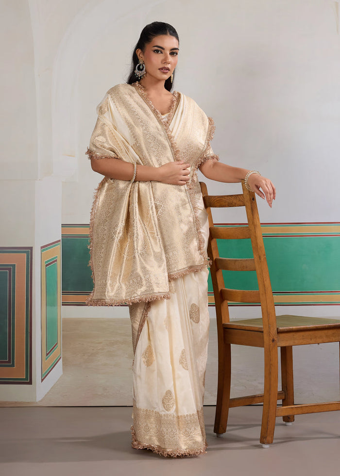 Floral White Woven Banarasi Satin Silk Saree Japan Satin Saree Anant Tex Exports Pvt.Ltd..