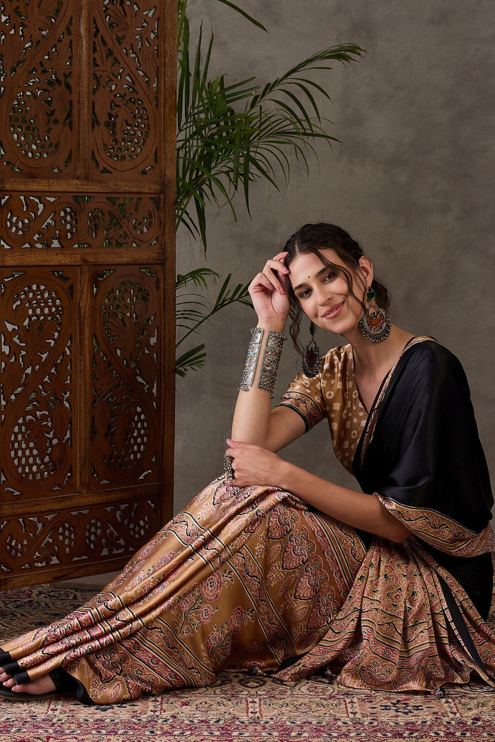 Ebony Black Pure Soft Modal Satin Ajrakh Print Satin Saree Japan Satin Saree Anant Tex Exports Pvt.Ltd..