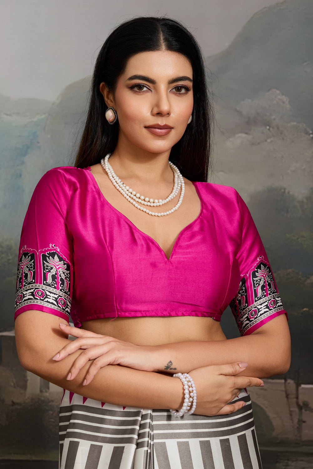 White and Pink Pure Ajrakh Printed Satin Crepe Silk Saree