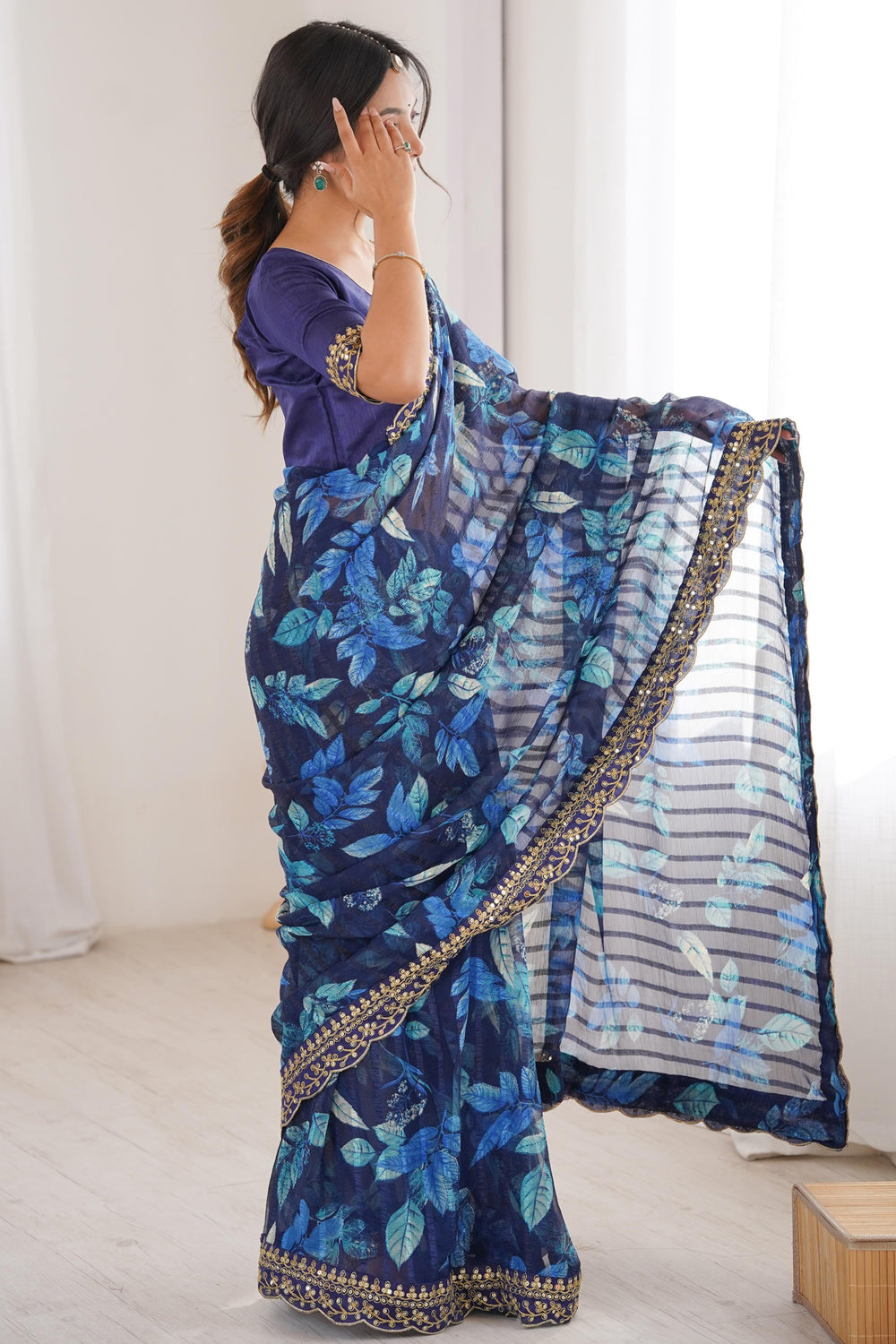 Blue Pure Georgette Floral Print Sequins Saree