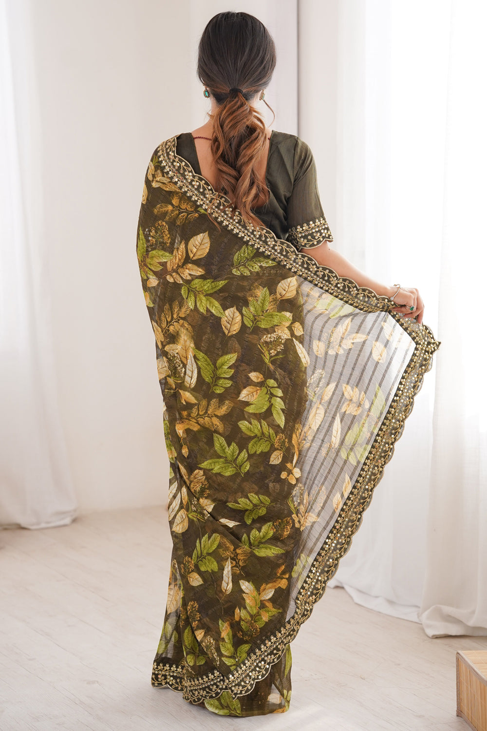Green Pure Georgette Floral Print Sequins Saree