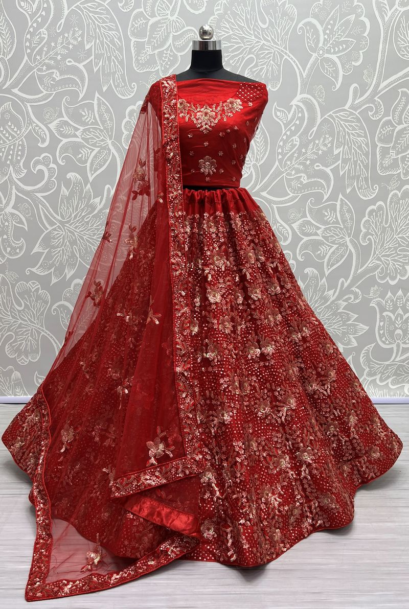 Red Pure Soft Heavy Net Sequins Embroidery Work Bridal Lehenga