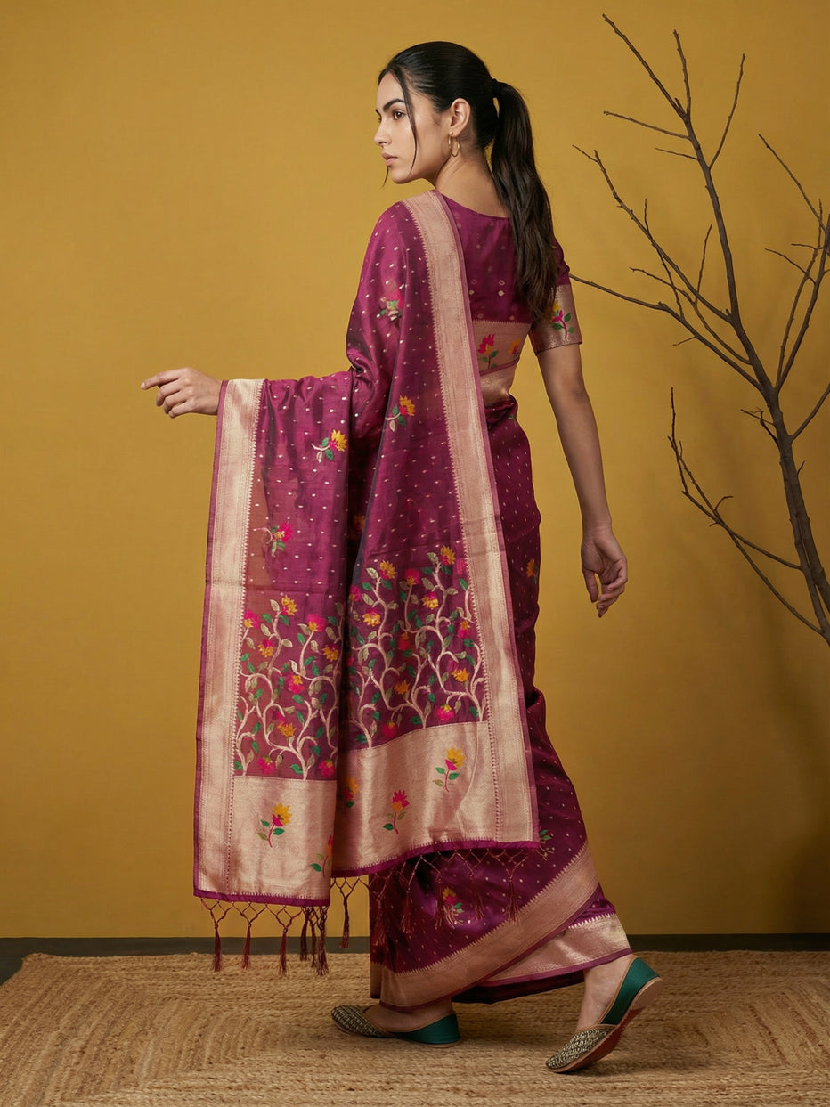 Purple Pure Organza Silk Meenakari Jamdani Zari Woven Organza Saree