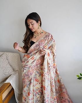 Cream Pure Soft Pashmina Kachi Work Saree Pashmina Saree Anant Tex Exports Pvt.Ltd..