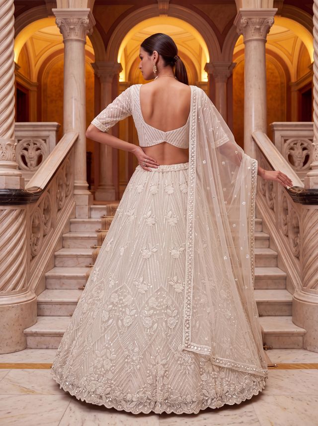 White Pure Heavy Net Motif Handwork Zari Sequins Work Bridal Lehenga Choli