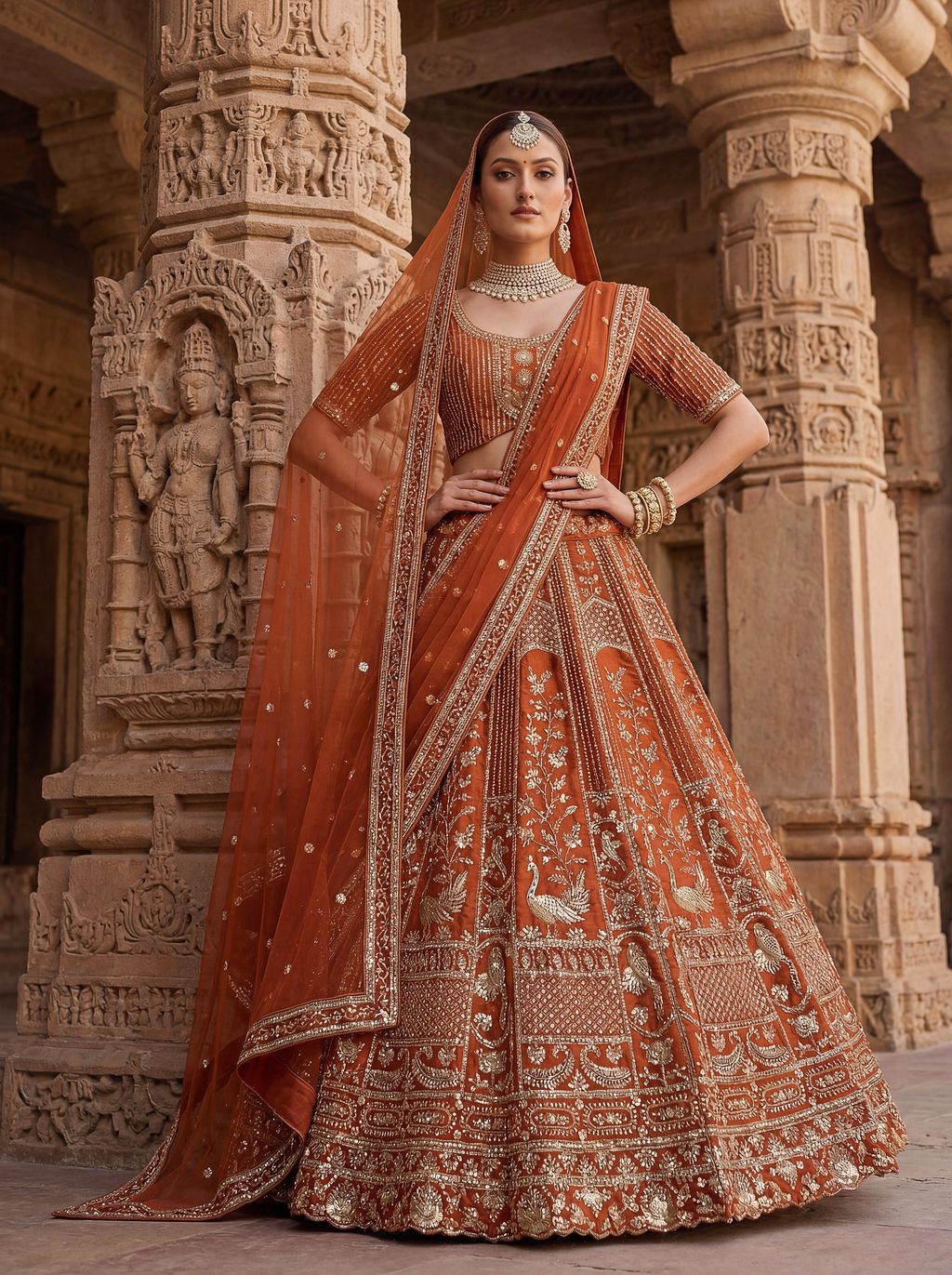 Orange Pure Soft Silk Heavy Embroidery Work Bridal Lehenga