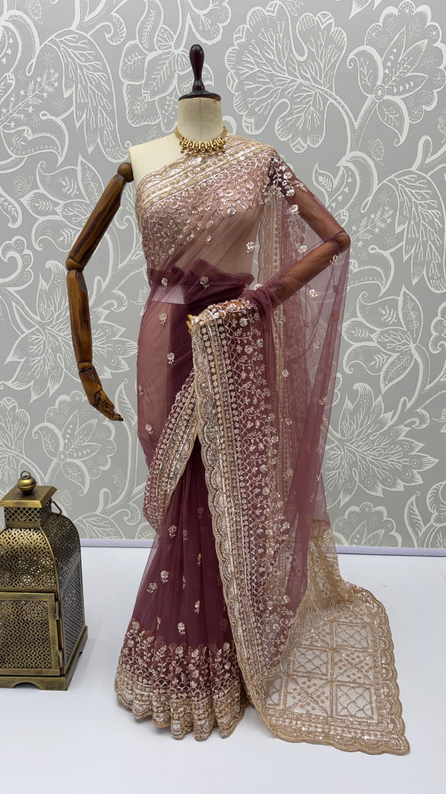 Wine Pure Premium Net Handwork Kasti & Motif Zari Metallic Sequins Work Wedding Saree
