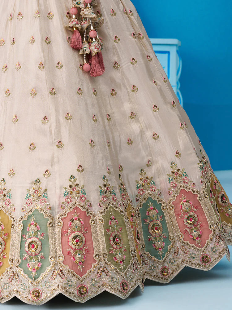 Cream Pink Tissue Silk Sequins Embroidered Lehenga Choli with Dupatta
