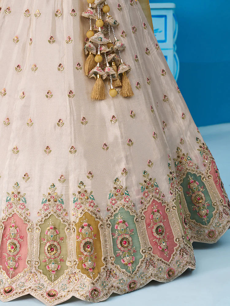 Cream Yellow Tissue Silk Sequins Embroidered Lehenga Choli with Dupatta
