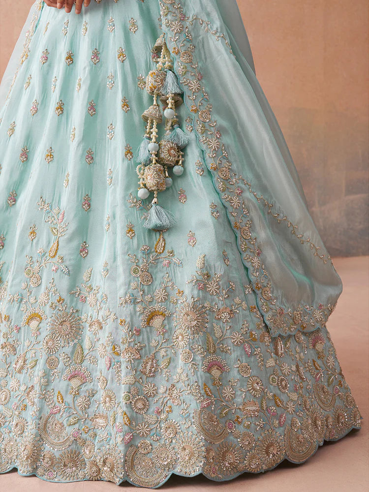 Sky Blue Tissue Silk Sequins Embroidered Lehenga Choli with Dupatta