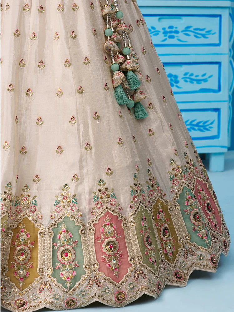 Cream Green Tissue Silk Sequins Embroidered Lehenga Choli with Dupatta