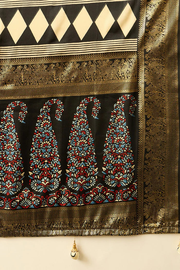 Cream & Black Semi Modal Printed Saree with Gold Zari Border