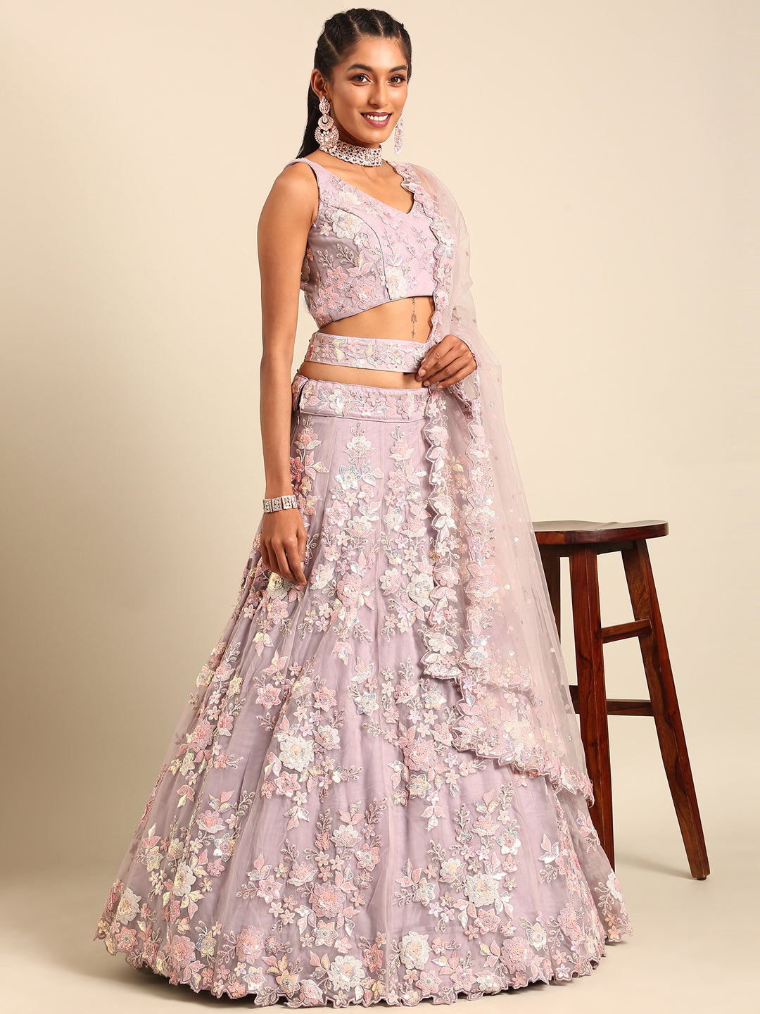 Mauve Net Floral Sequins Lehenga Choli with Heavy Zarkan Embroidery and Dupatta