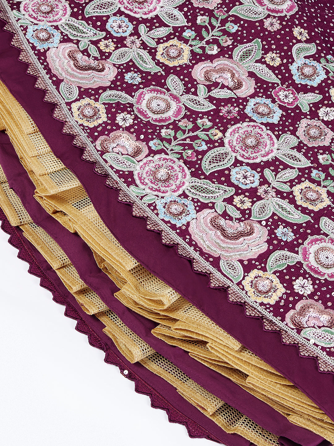 Burgundy Chiffon Sequins Thread Embroidery Lehenga Choli & Dupatta