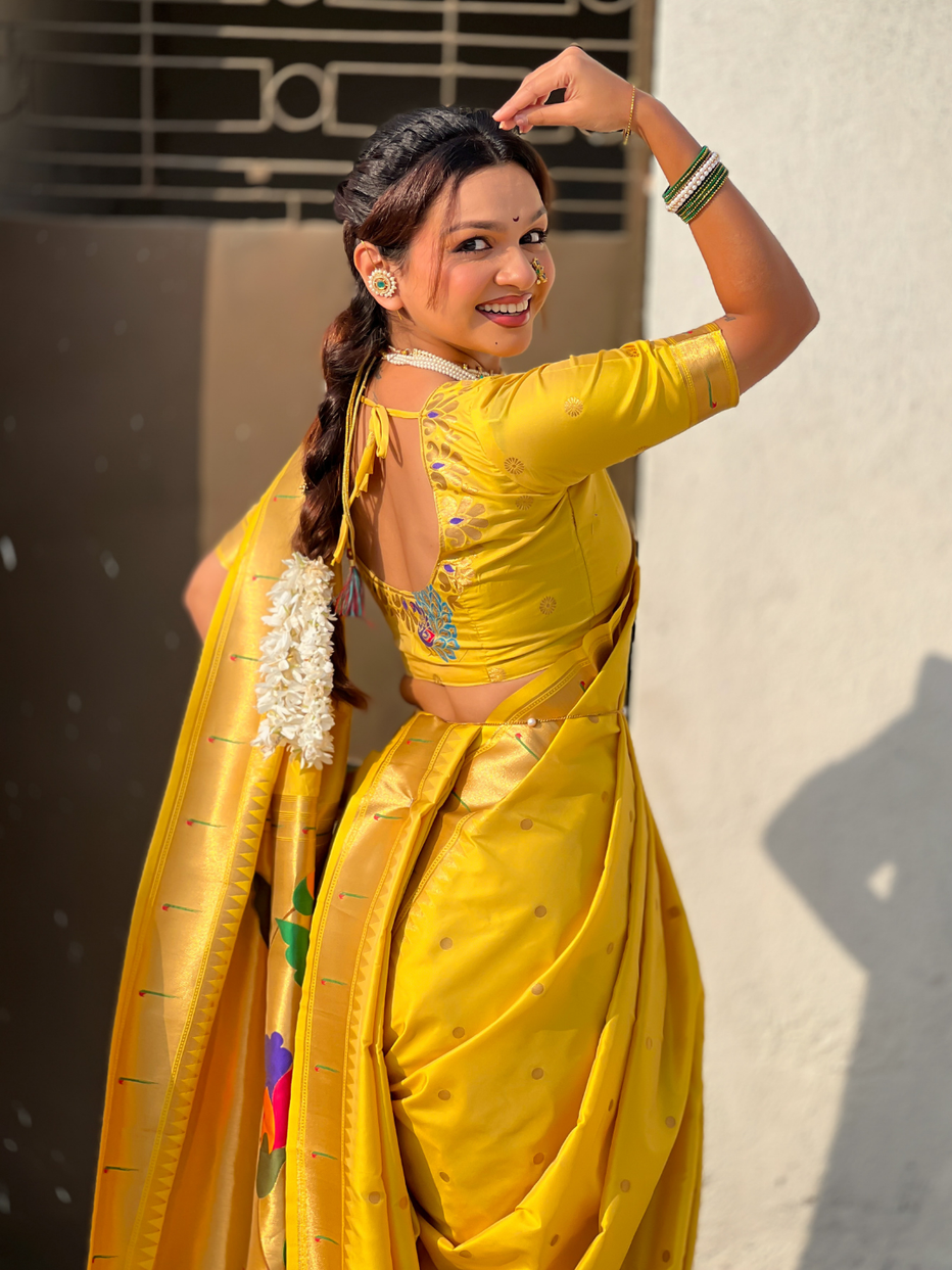 Yellow Wedding Special Nauvari Paithani Soft Silk Saree