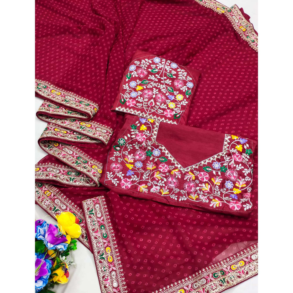 Maroon Bandhani Printed Georgette Saree With Embroidered Border