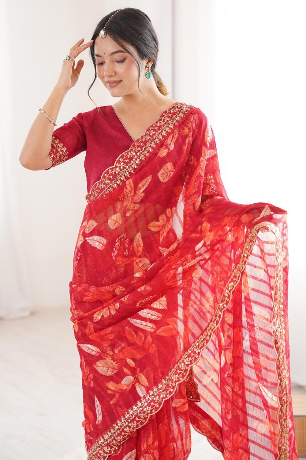 Red Pure Georgette Floral Print Sequins Saree