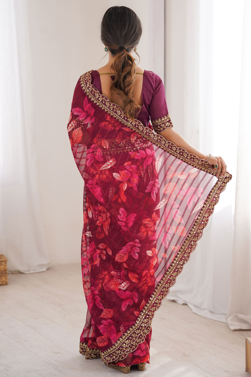 Wine Pure Georgette Floral Print Sequins Saree