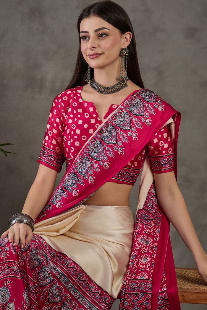 Cream and Red Pure Soft Modal Satin Ajrakh Print Satin Saree Japan Satin Saree Anant Tex Exports Pvt.Ltd..