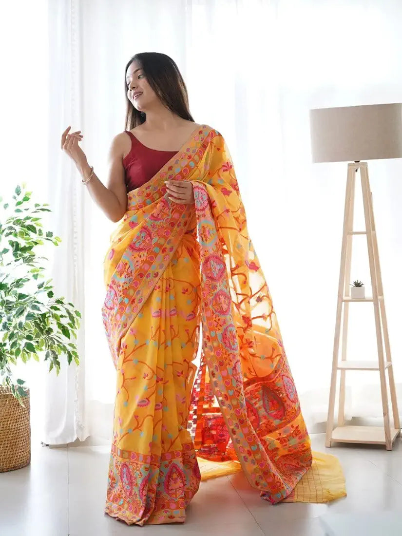 Yellow Pure Soft Pashmina Kachi Work Saree Pashmina Saree Anant Tex Exports Pvt.Ltd..