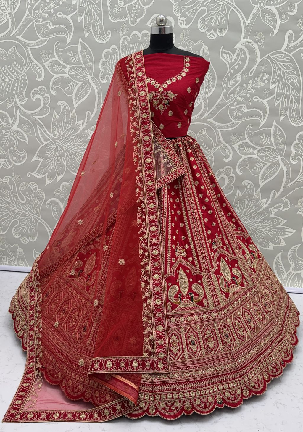 Red Pure Soft Heavy Silk Sequins Embroidery Work Bridal Lehenga